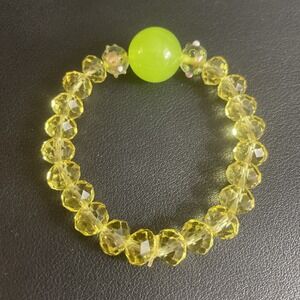 Vintage Vaseline Glass Bracelet Lampwork Faceted Bead 6.5" Stretch Glow Yellow